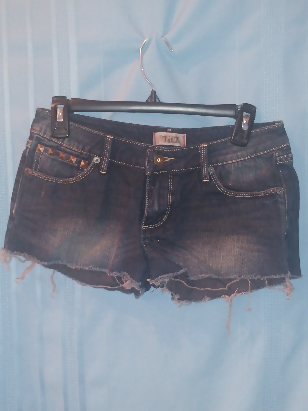 TILT Dark Blue Distressed Denim Cutoff Shorts with Stud Detail